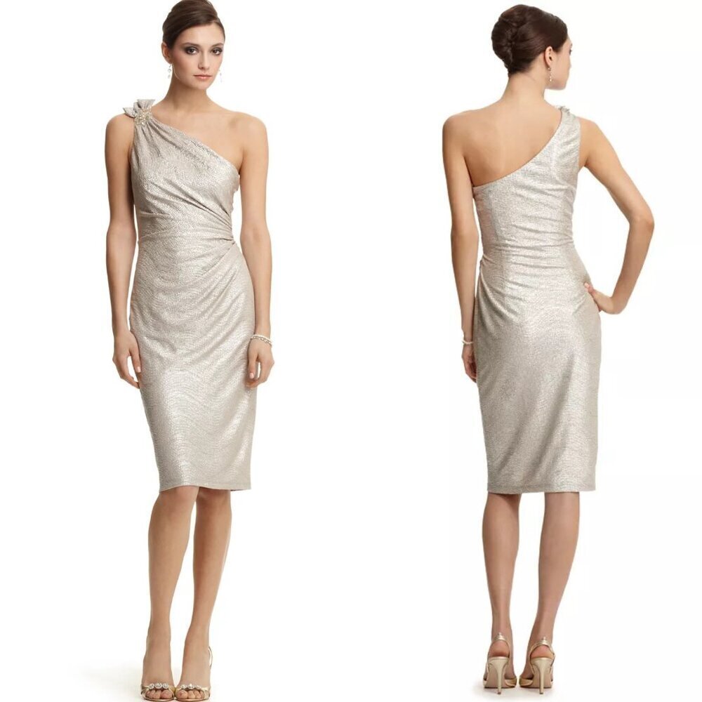 David Meister Metallic Floral Embellished Straps One Shoulder Dress 35228